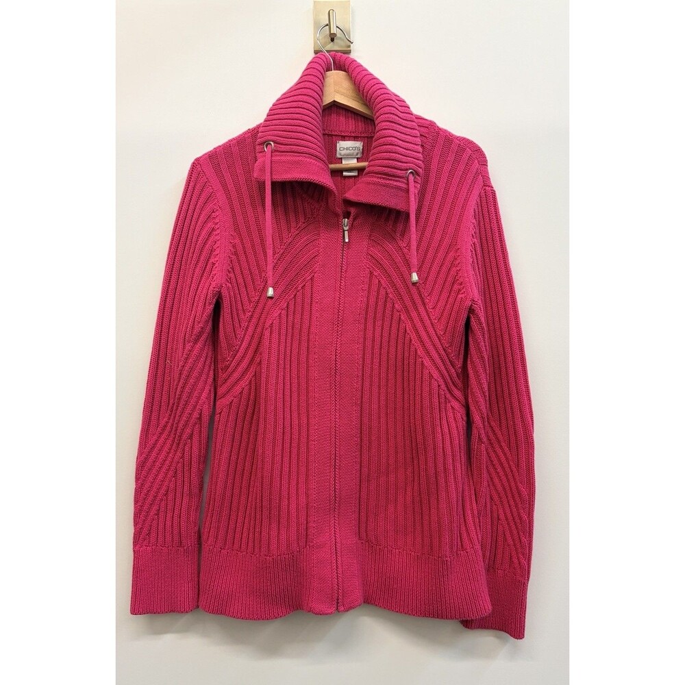 Chicos Sweater Jacket Sz 1 (M/8) Pink Ribbed Knit Full Zip Heavyweight
